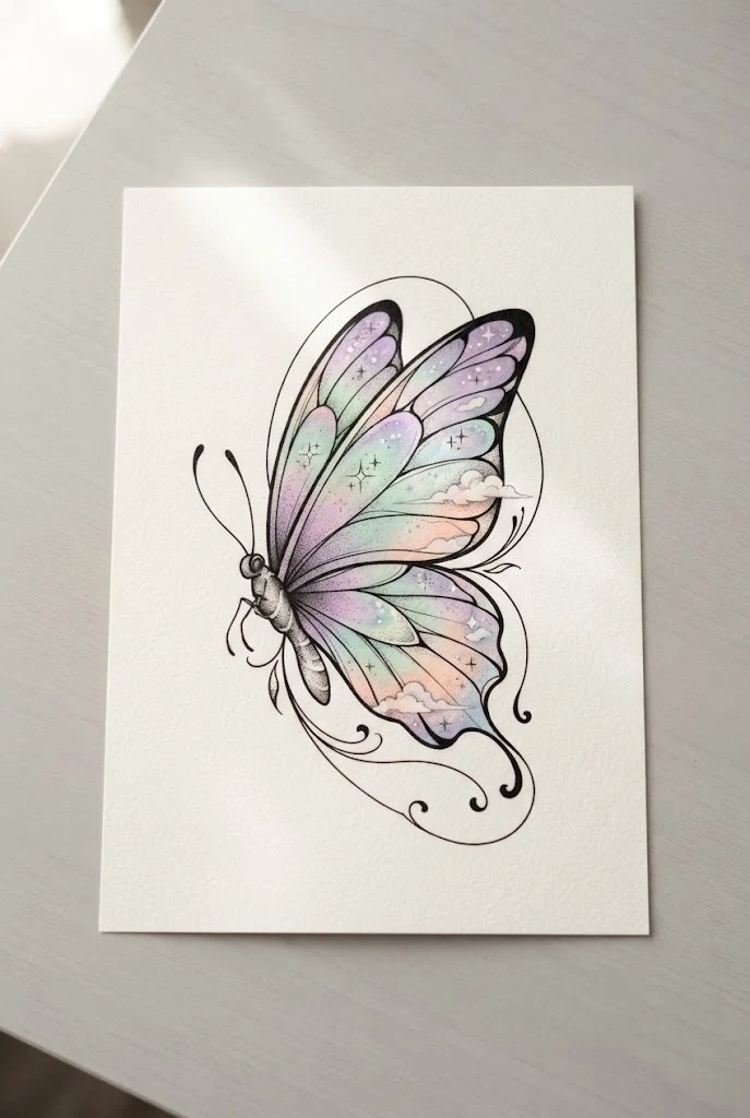 Ethereal Pastel Dreamscape Ink — butterfly tattoo with color style outfit