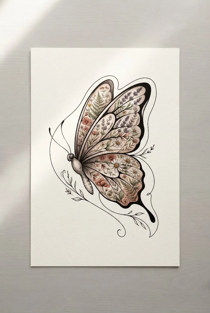 Botanical Wildflower-Infused Wing Art — butterfly tattoo with color style outfit