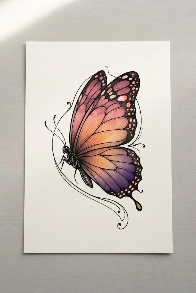 Sunset Ombre Gradient Wing Composition — butterfly tattoo with color style outfit