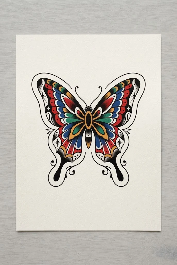 Traditional American Bold-Primary Wing Art — butterfly tattoo with color style outfit