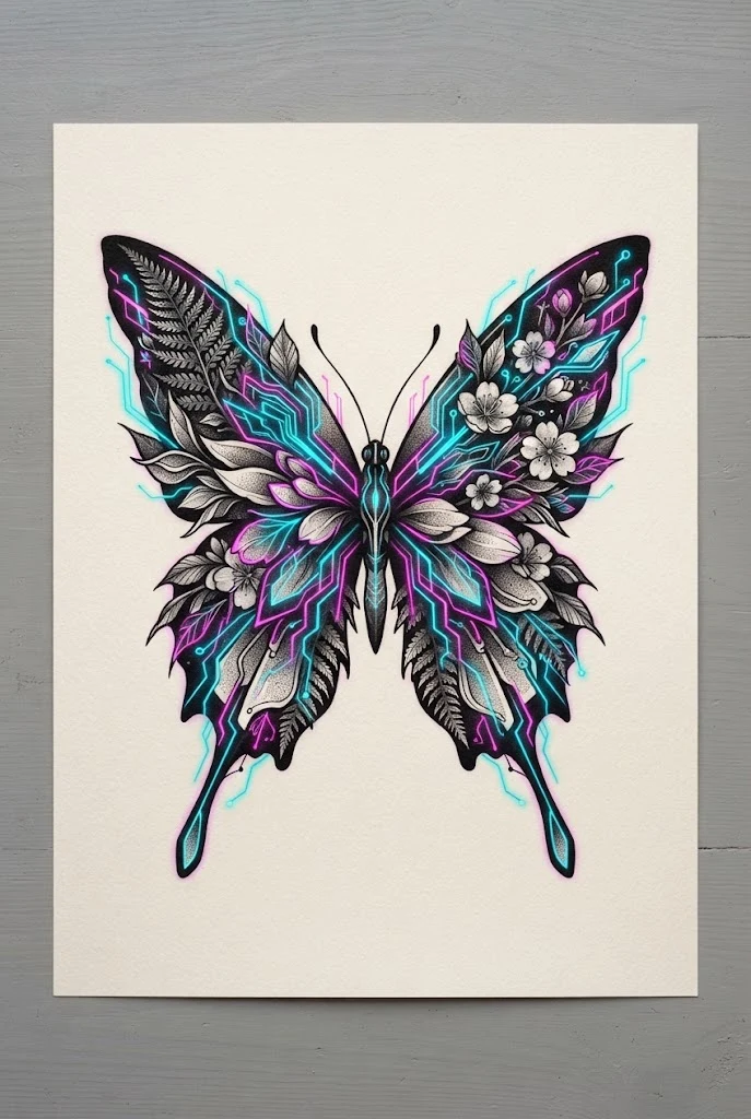 Neon Cyber-Botanical Fusion — butterfly wings back tattoo style outfit