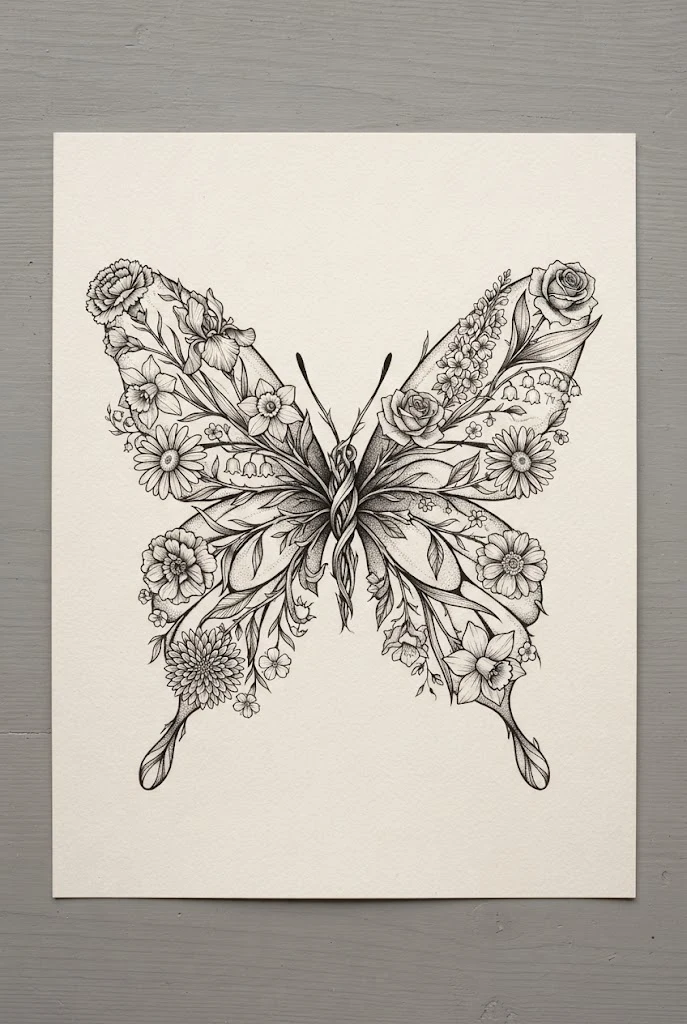 Botanical Birth Month Bouquet Wings — butterfly wings back tattoo style outfit