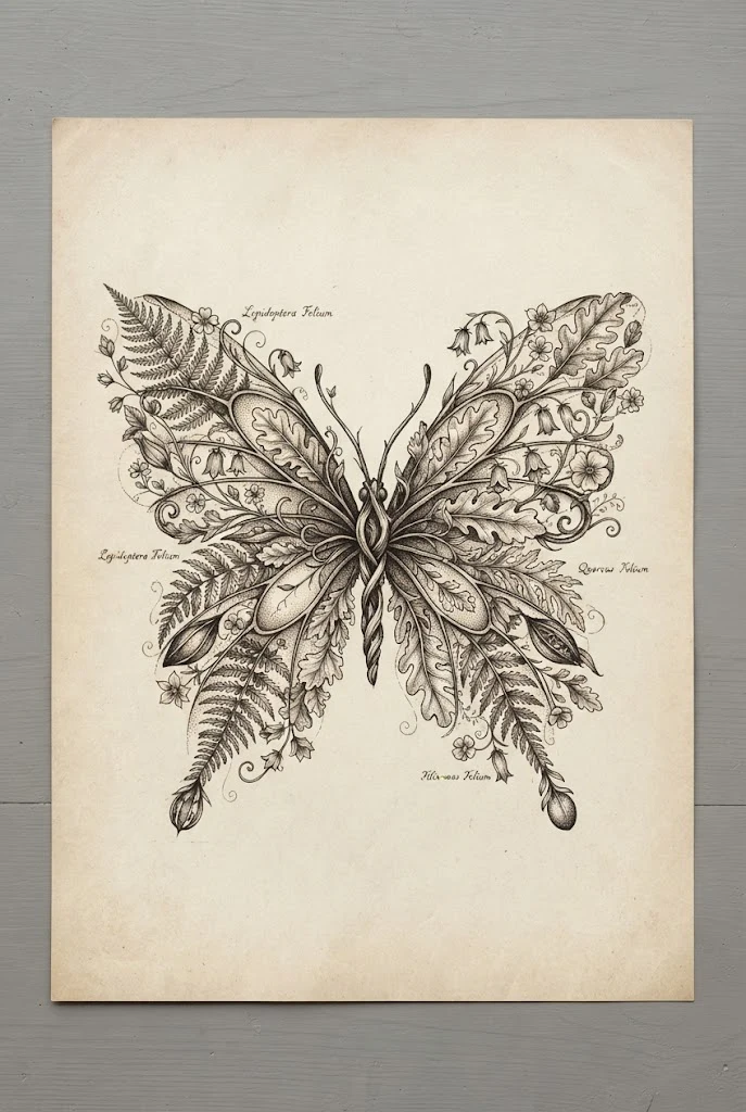 Vintage Botanical Field Guide Sketch — butterfly wings back tattoo style outfit