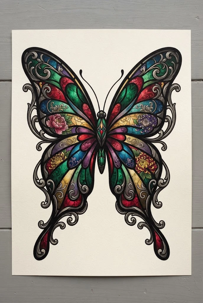 Neo-Traditional Stained Glass Span — butterfly wings back tattoo style outfit