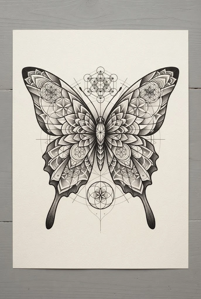 Geometric Sacred Symmetry Blueprint — butterfly wings back tattoo style outfit