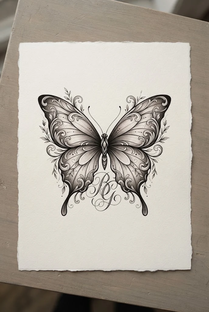 Black and Grey Shaded Monogram Elegance — butterfly with initials tattoo style outfit