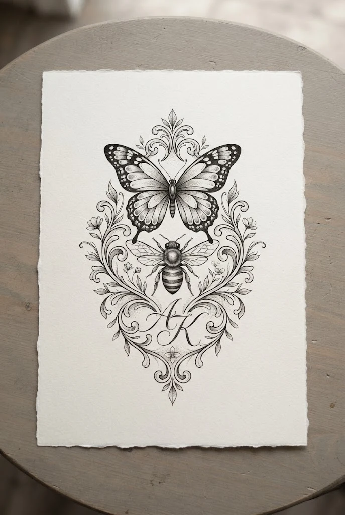 Dual Insect Companion Initial Layout — butterfly with initials tattoo style outfit