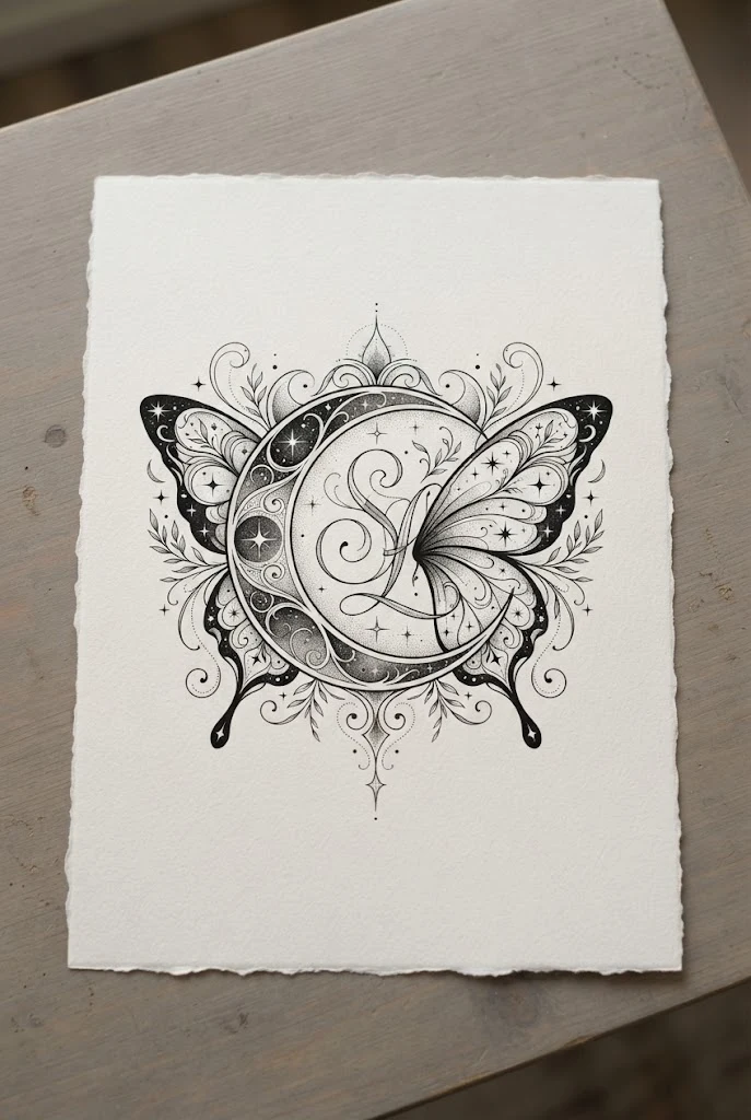 Celestial Moon and Letter Integration — butterfly with initials tattoo style outfit