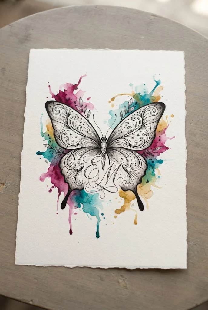 Watercolor Splash Lettering Accent — butterfly with initials tattoo style outfit