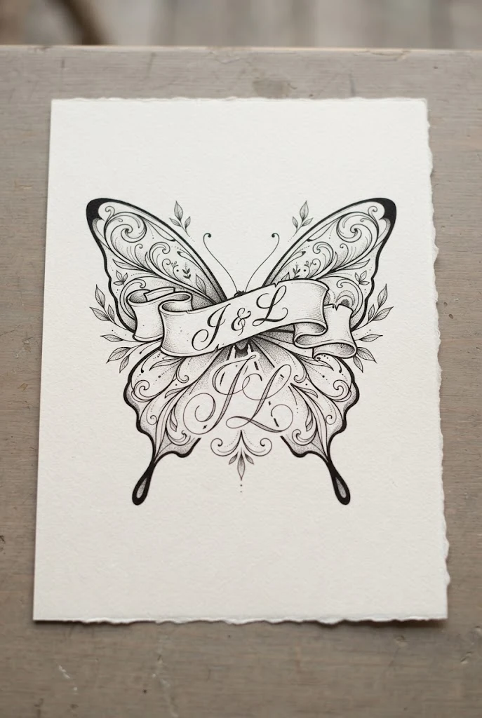 Cursive Banner Rib Monogram — butterfly with initials tattoo style outfit