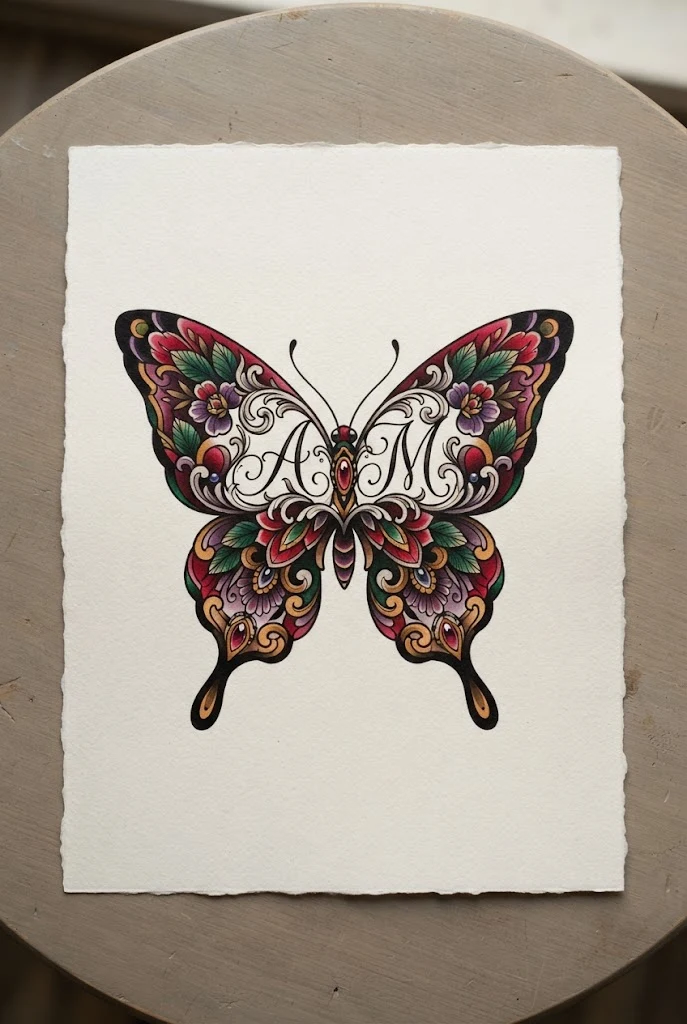 Neo-Traditional Bold Initial Masterpiece — butterfly with initials tattoo style outfit