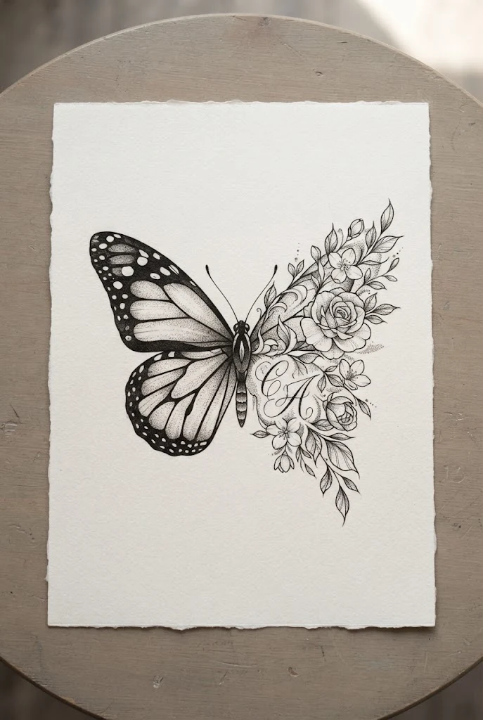 Half-And-Half Split Floral Letter Morph — butterfly with initials tattoo style outfit