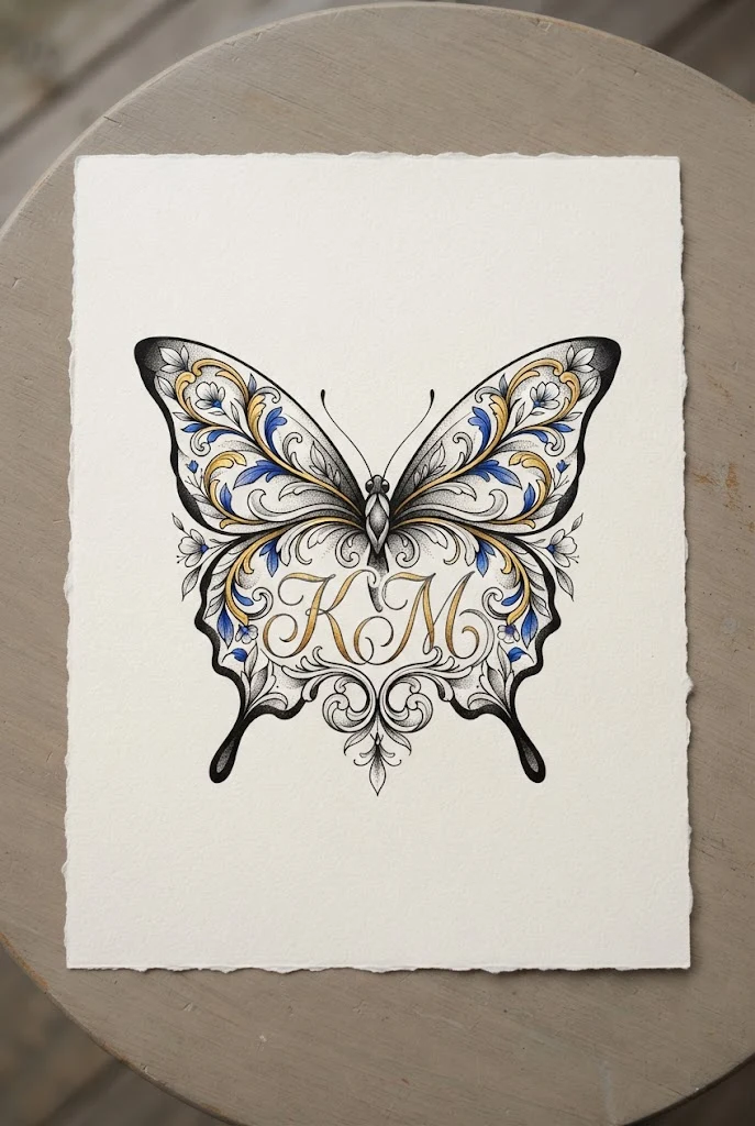 Blue and Gold Monogram Contrast Concept — butterfly with initials tattoo style outfit