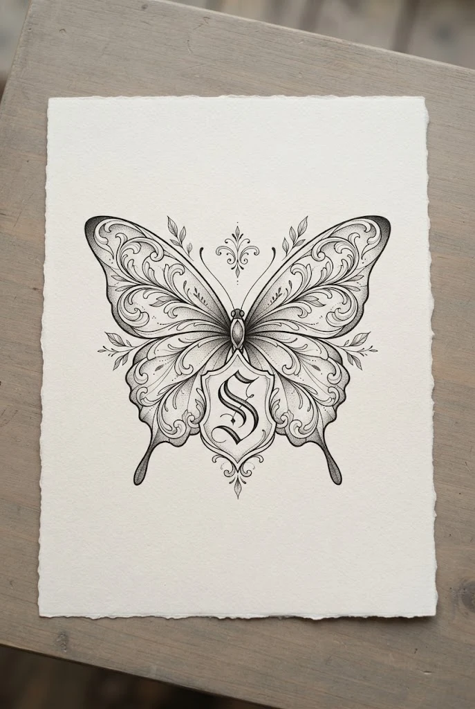 Symmetrical Wing Spread with Center Letter — butterfly with initials tattoo style outfit