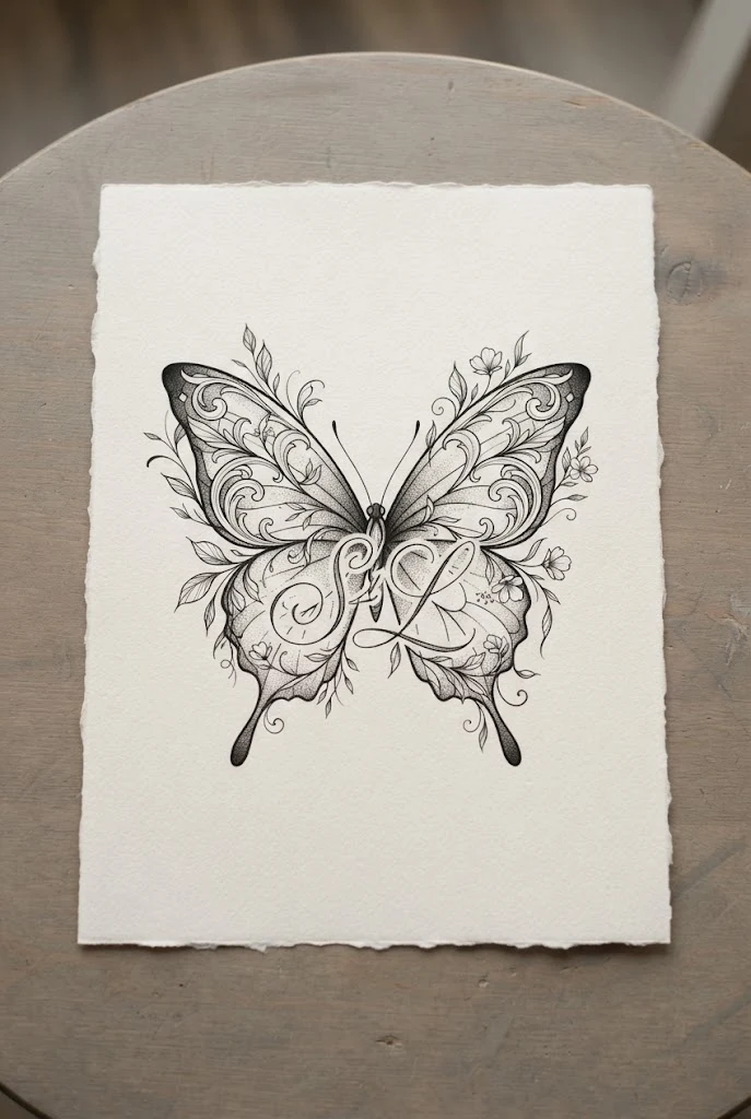 Hidden Vine Lettering Integration — butterfly with initials tattoo style outfit