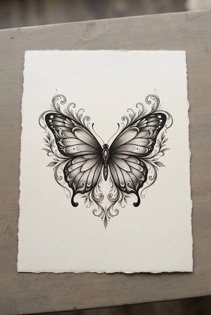 Black and Grey Shaded Elegance — chest butterfly tattoo style outfit