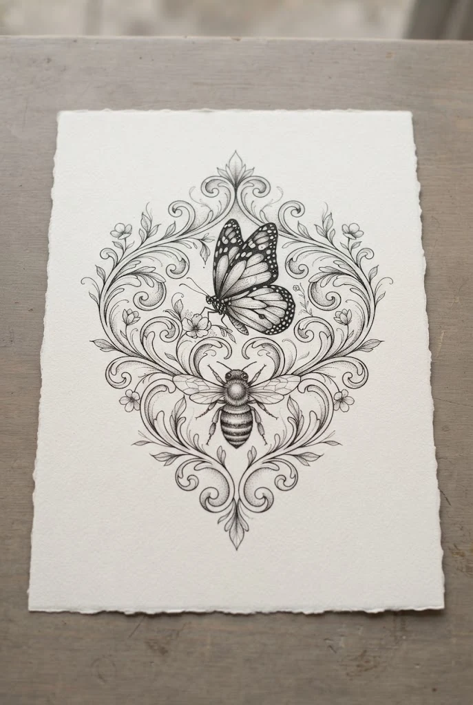 Dual Insect Companion Composition — chest butterfly tattoo style outfit