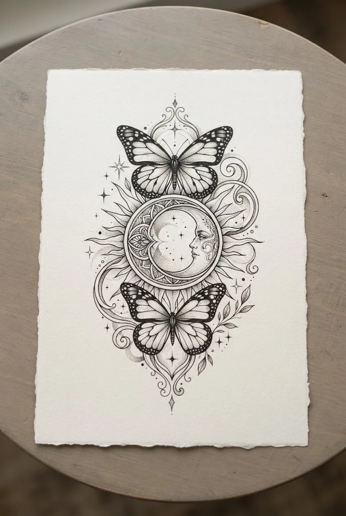 Celestial Moon and Sun Integration — chest butterfly tattoo style outfit