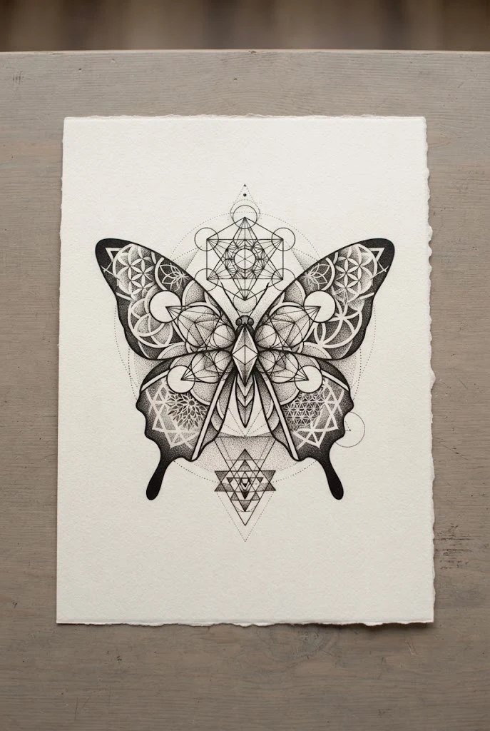 Geometric Sacred Geometry Fusion — chest butterfly tattoo style outfit