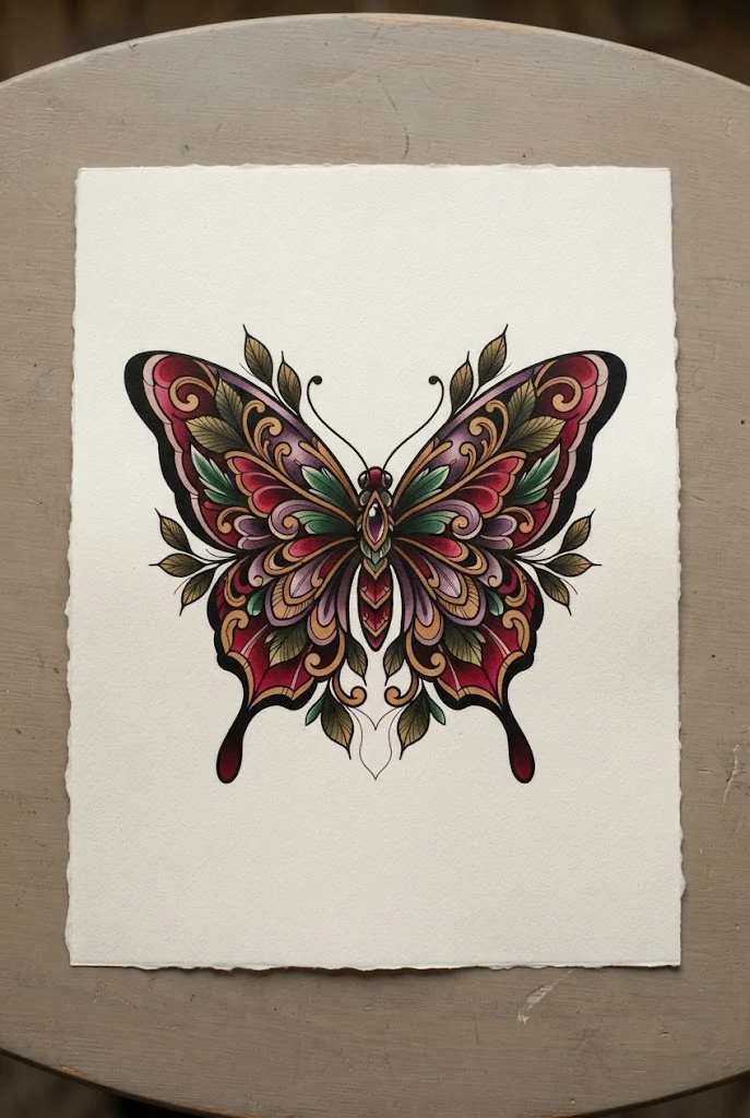 Neo-Traditional Bold Outline Masterpiece — chest butterfly tattoo style outfit