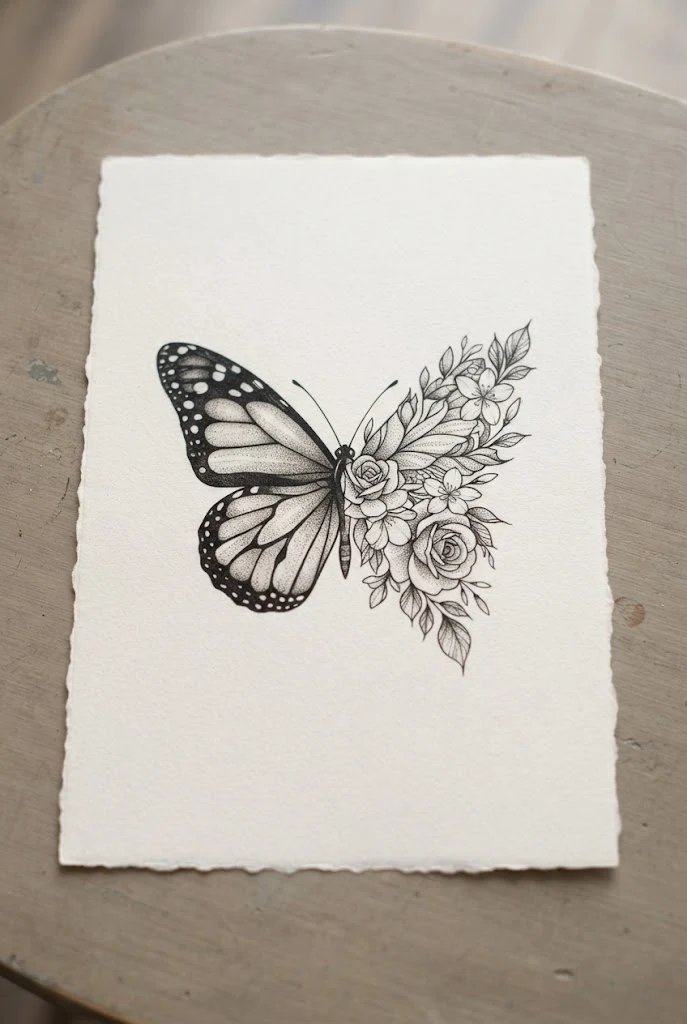 Half-And-Half Split Floral Morph — chest butterfly tattoo style outfit