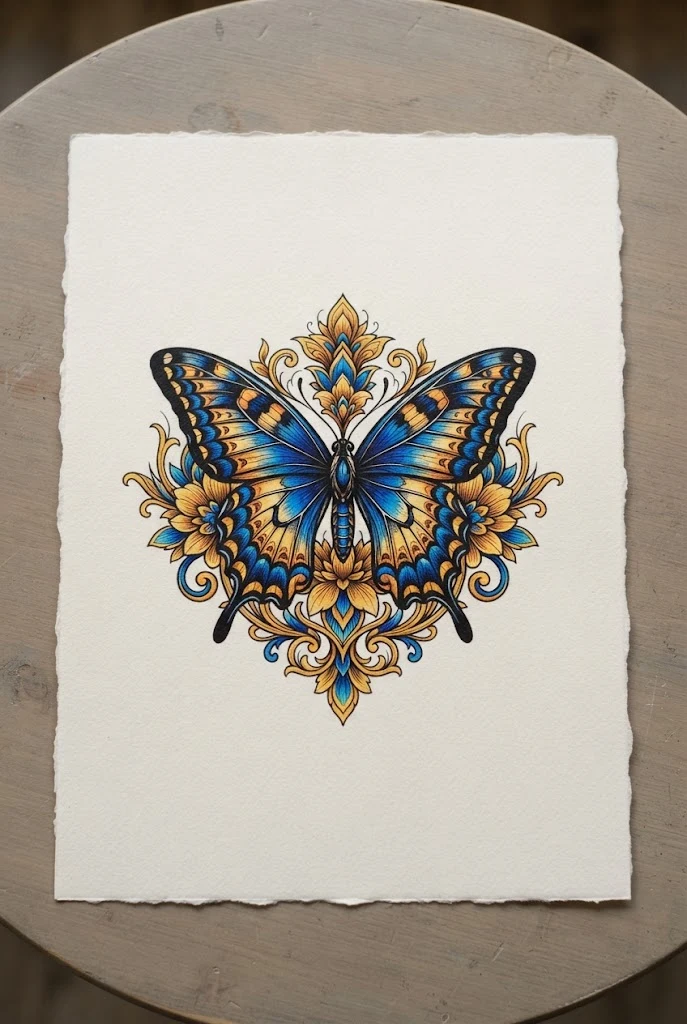 Blue and Yellow Contrast Concept — chest butterfly tattoo style outfit