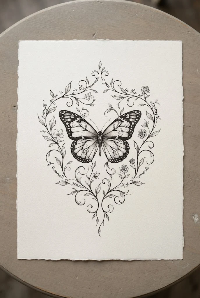 Hidden Quote Vine Integration — chest butterfly tattoo style outfit