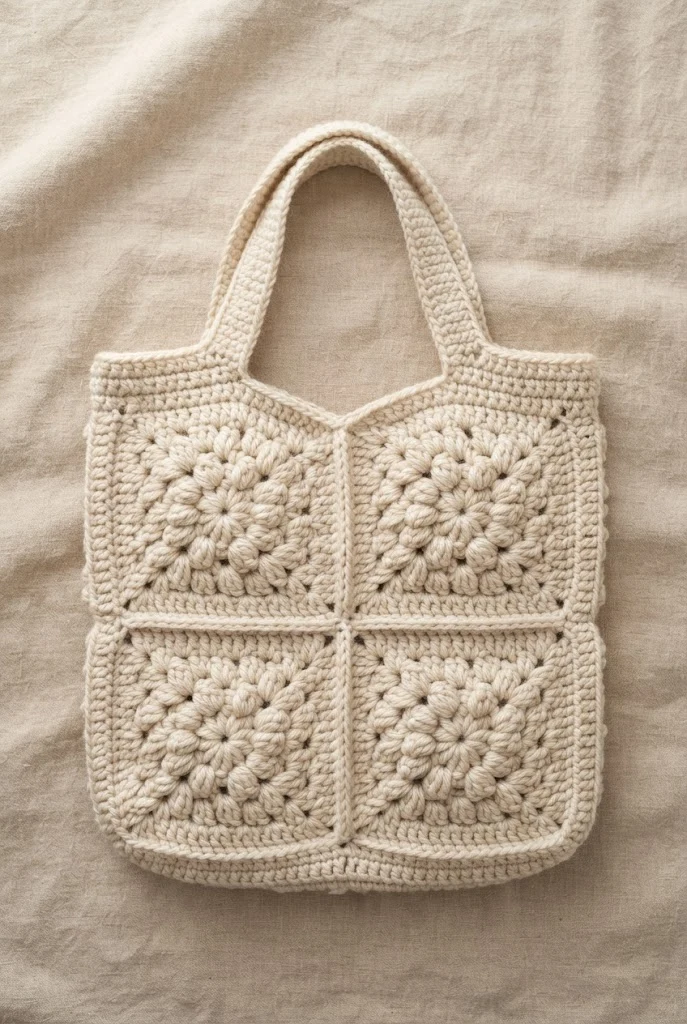 Ivory Popcorn Granny Square Bag — chunky crochet bag pattern free