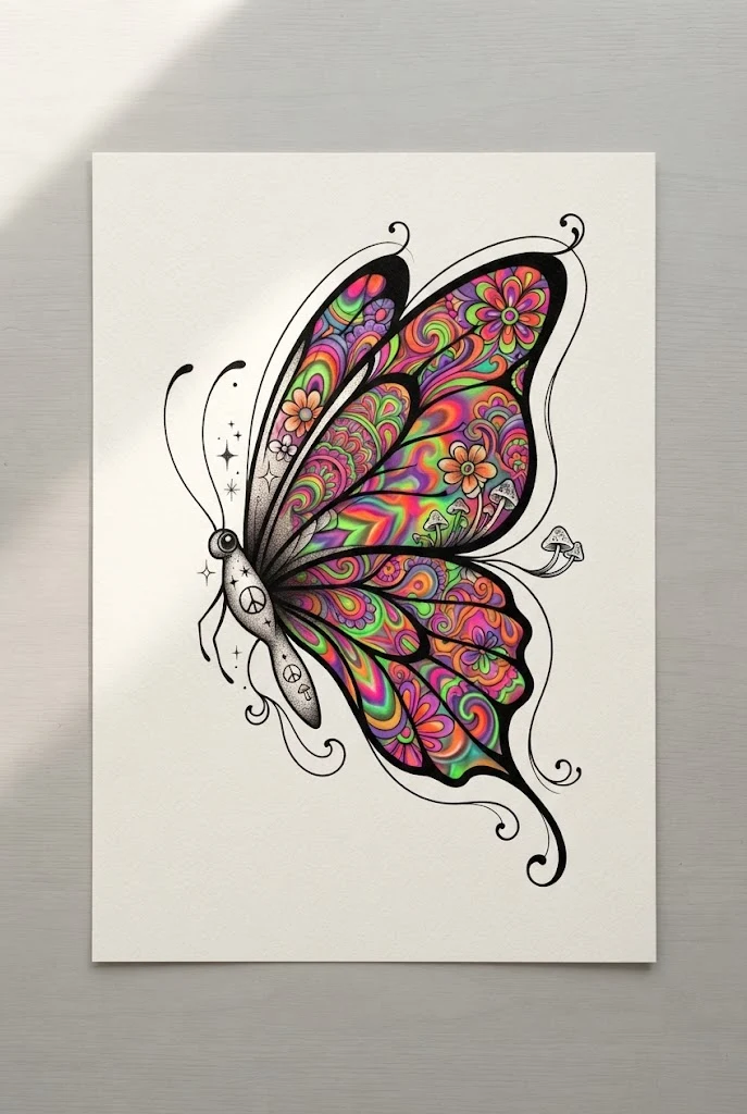 Psychedelic 1970s Retro Acid Brights — colourful butterfly tattoo style outfit