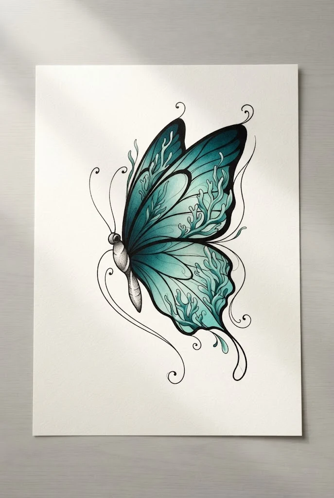 Deep Ocean Teal and Seafoam Shading — colourful butterfly tattoo style outfit