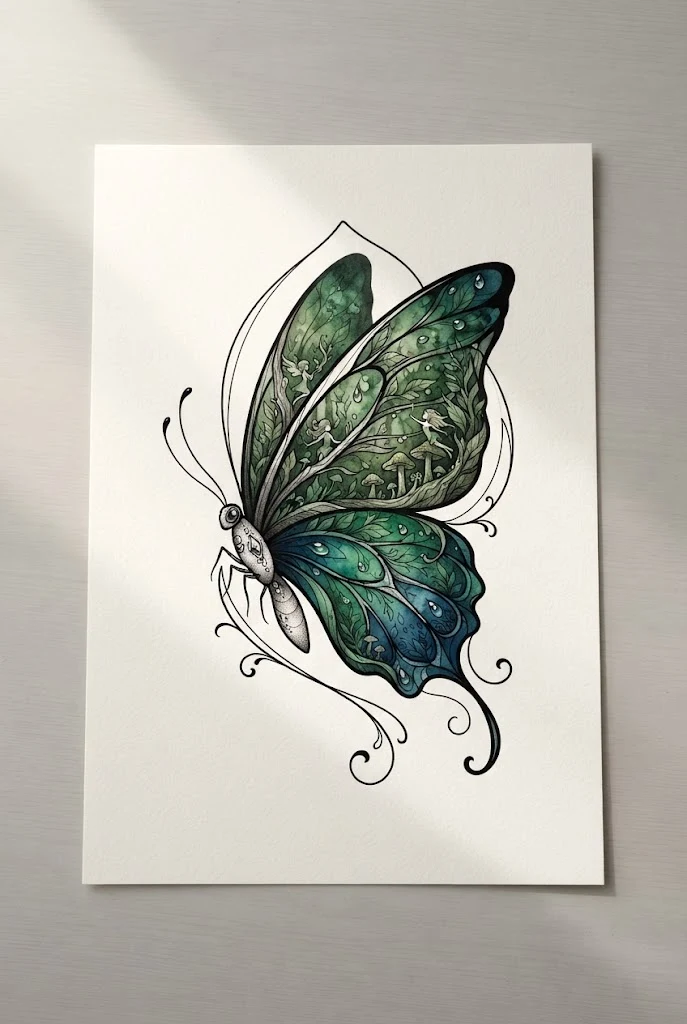 Enchanted Emerald Forest Fairy Tale — colourful butterfly tattoo style outfit