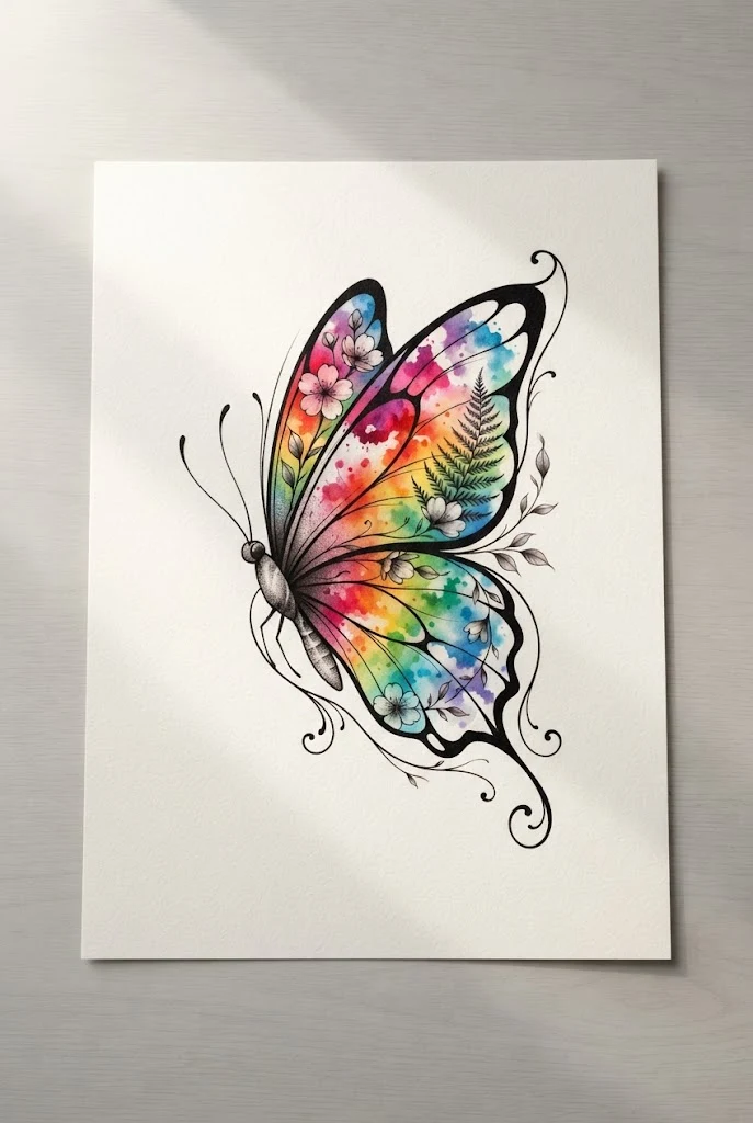 Vibrant Rainbow Gradient Wing Composition — colourful butterfly tattoo style outfit