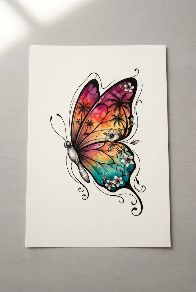 Tropical Sunset Horizon Blend — colourful butterfly tattoo style outfit