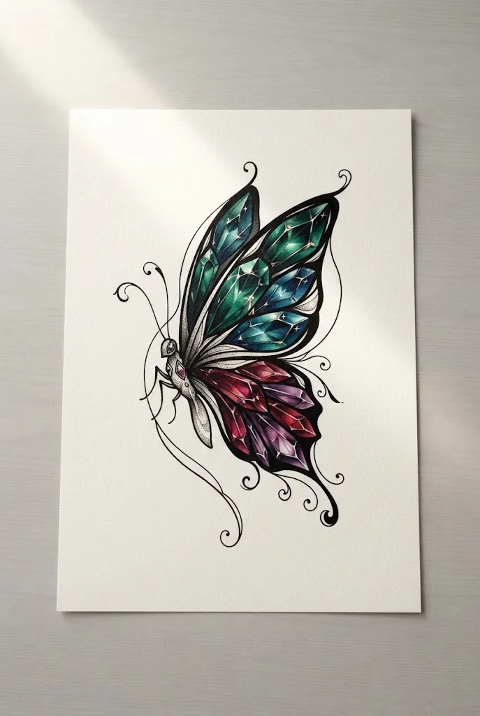 Jewel-Tone Emerald and Ruby Fusion — colourful butterfly tattoo style outfit