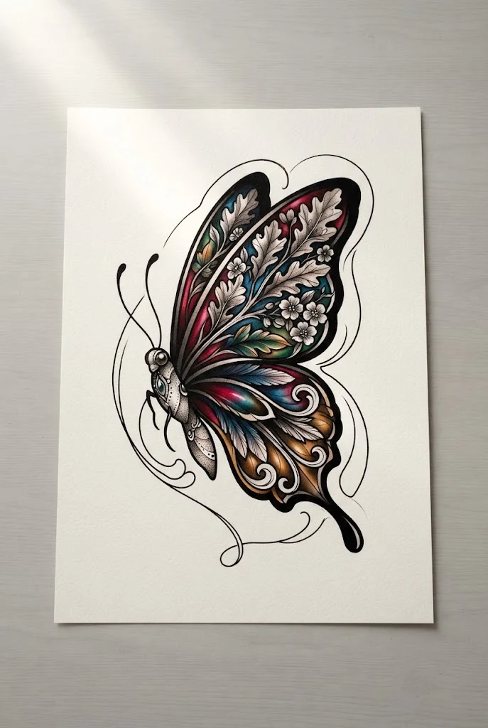 Neo-Traditional Bold Outline Masterpiece — colourful butterfly tattoo style outfit