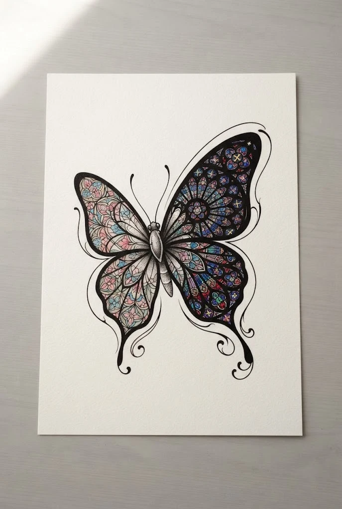 Stained Glass Cathedral Window Style — colourful butterfly tattoo style outfit