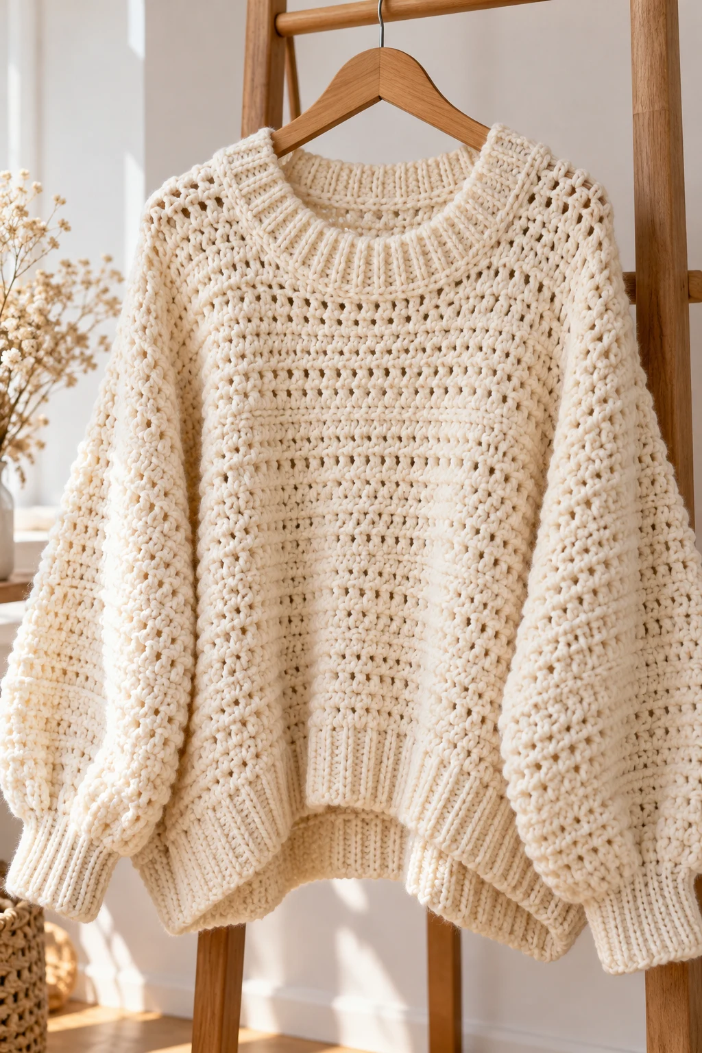 Oversized Cream Crochet Sweater — cool crochet sweater style outfit
