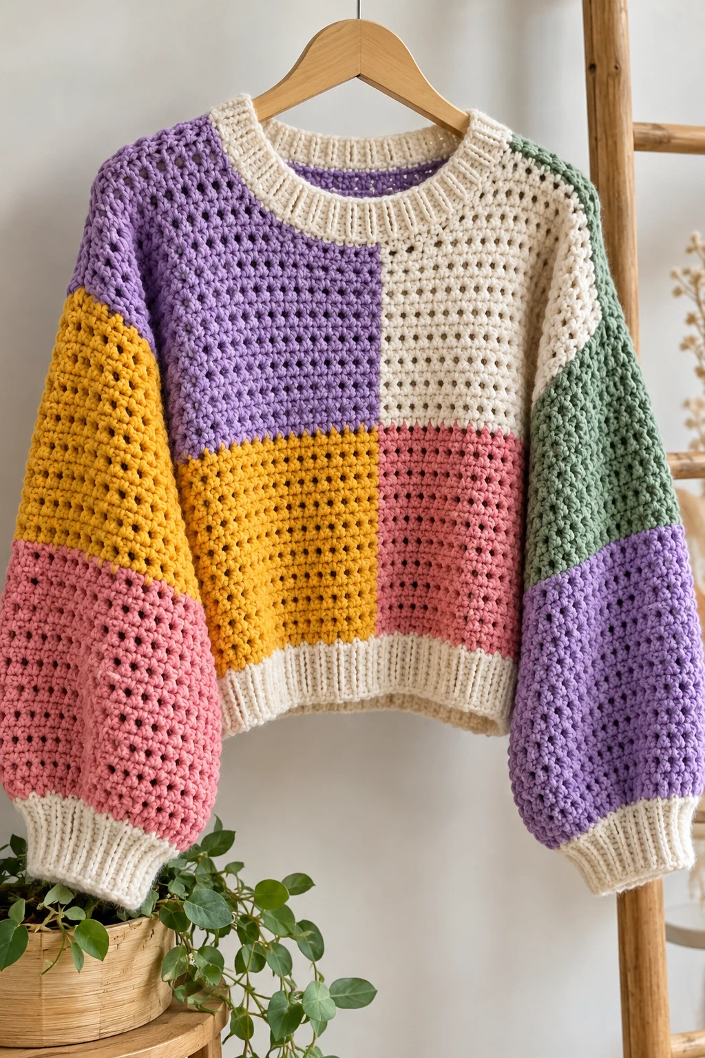 Color-Block Streetwear Crochet Sweater — cool crochet sweater style outfit