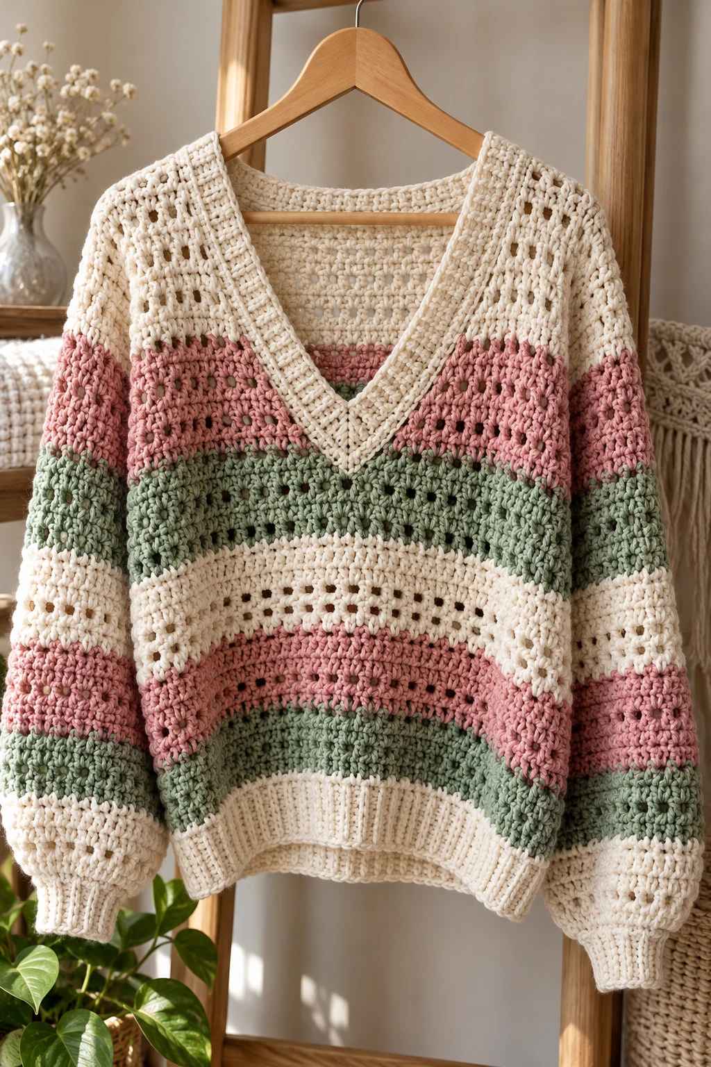 Beginner-Friendly V-Neck Crochet Sweater — cool crochet sweater style outfit
