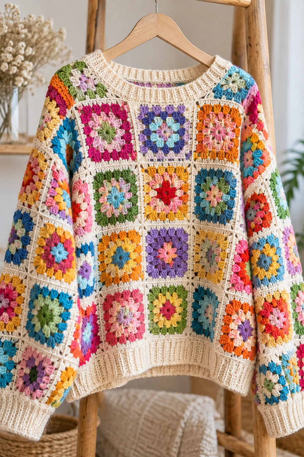 Colorful Granny Square Sweater — cool crochet sweater style outfit