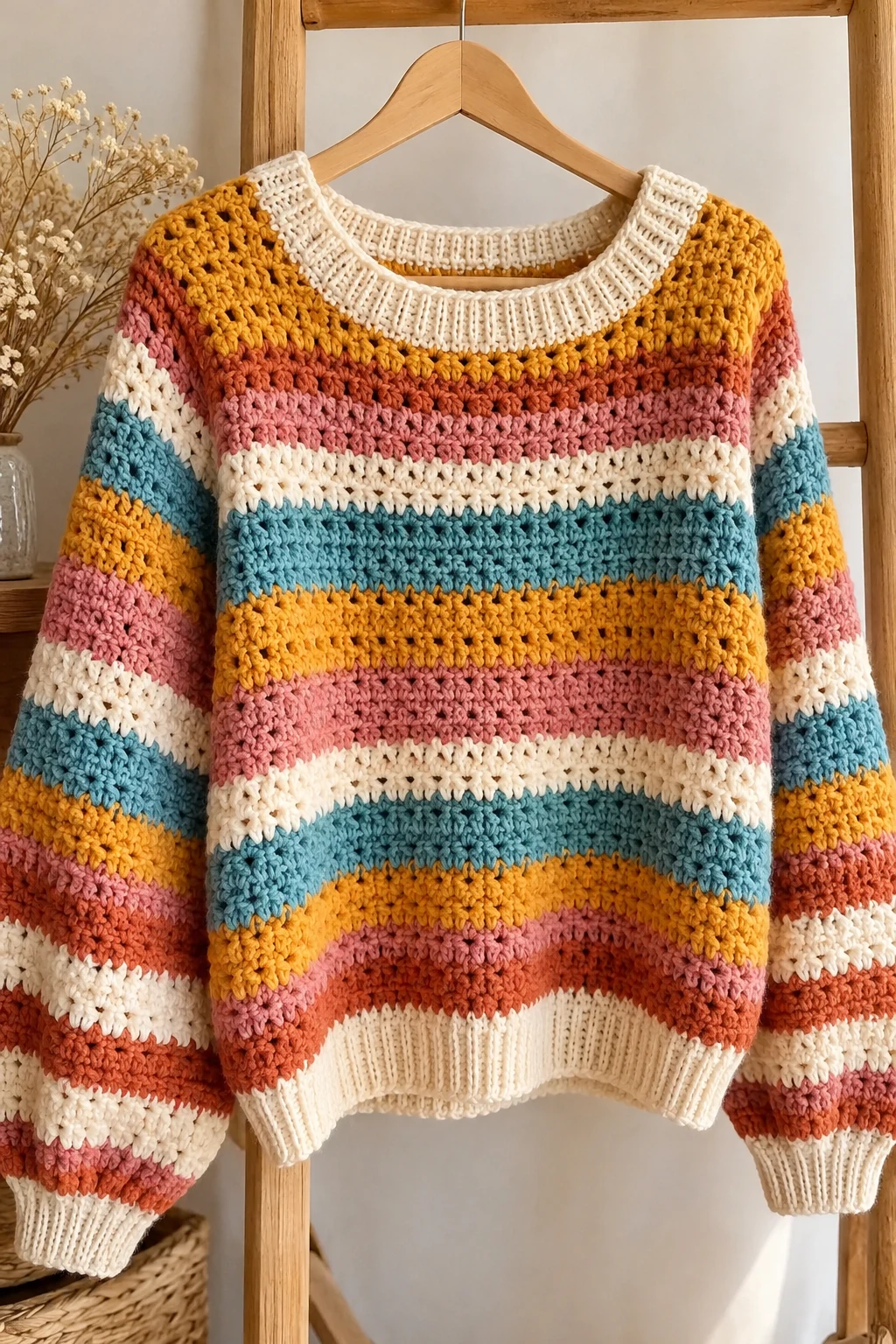 Striped Retro Crochet Pullover — cool crochet sweater style outfit