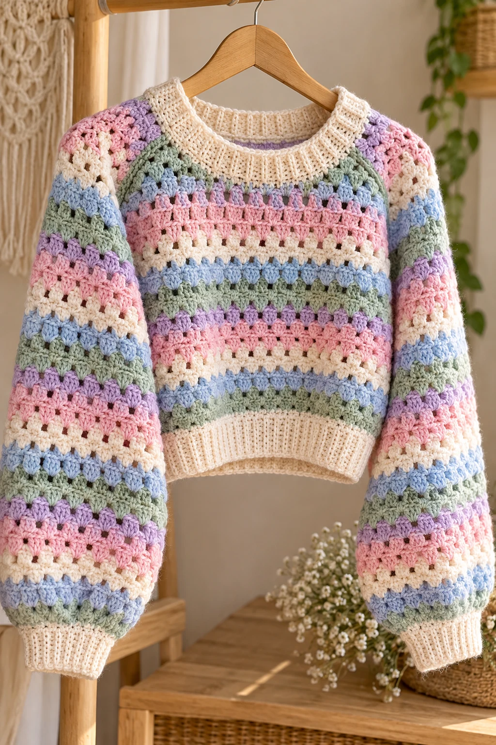 Cropped Pastel Crochet Sweater — cool crochet sweater style outfit