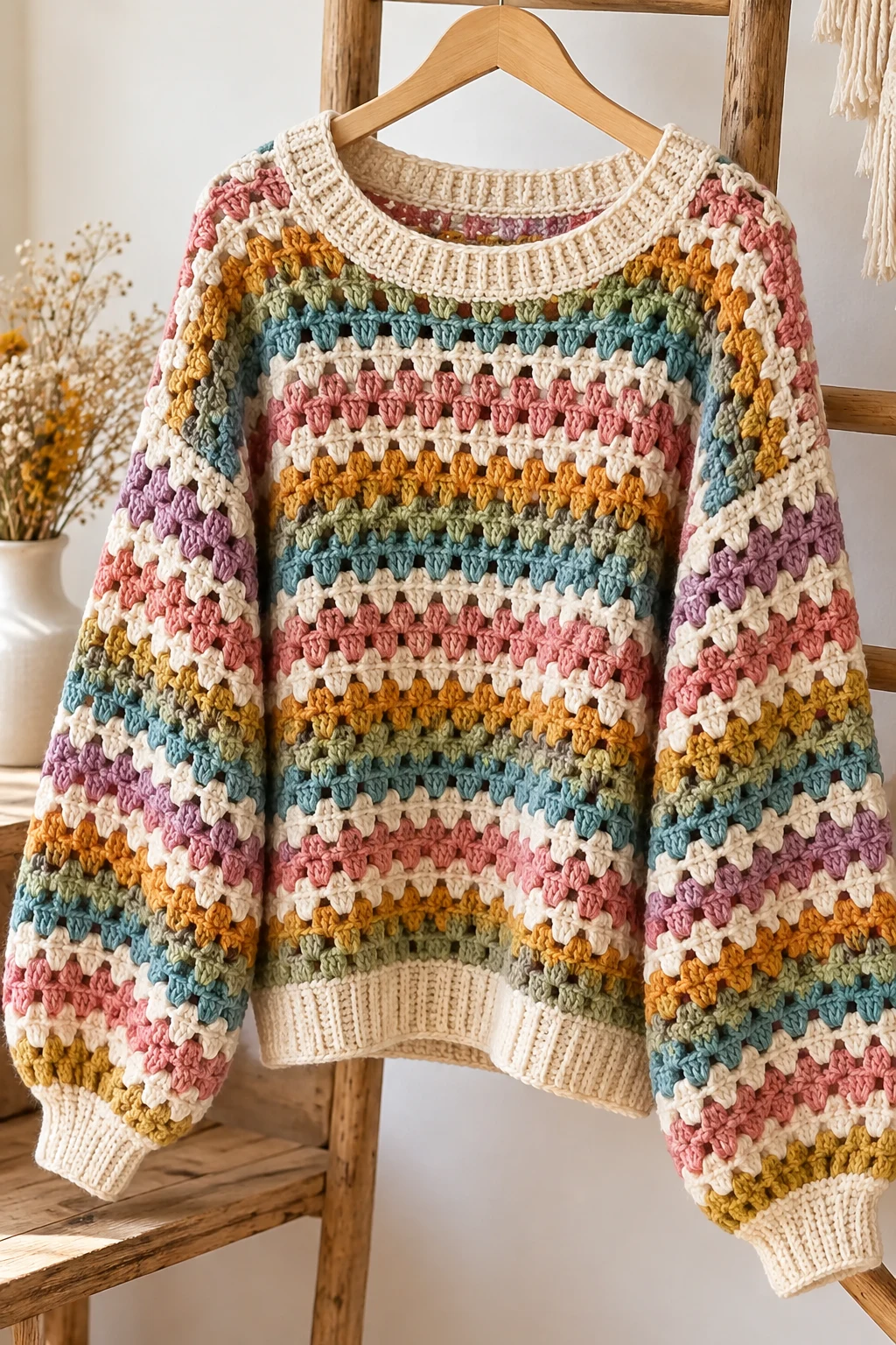 Granny Stripe Boho Sweater — cool crochet sweater style outfit