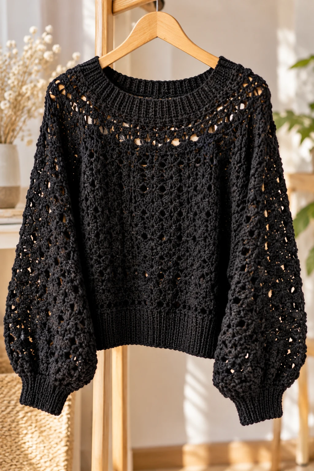 Elegant Black Crochet Sweater — cool crochet sweater style outfit