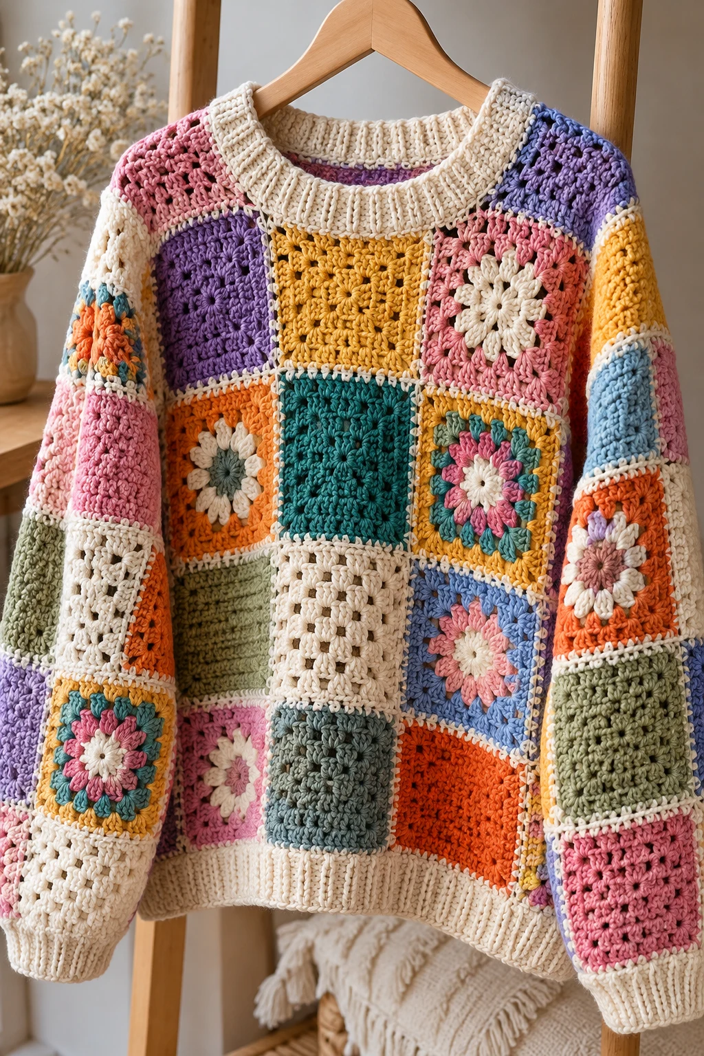 Multicolor Patchwork Crochet Sweater — cool crochet sweater style outfit