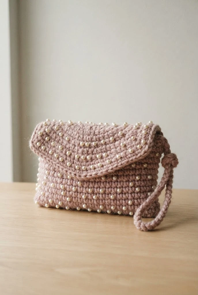 Pastel Pink Pearl-Accented Clutch — coquette crochet bag style outfit