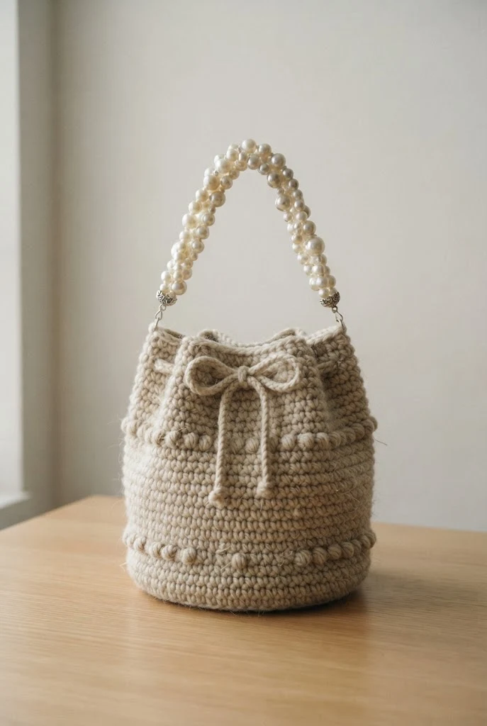 Pearl-Strand Handle Bucket Bag — coquette crochet bag style outfit