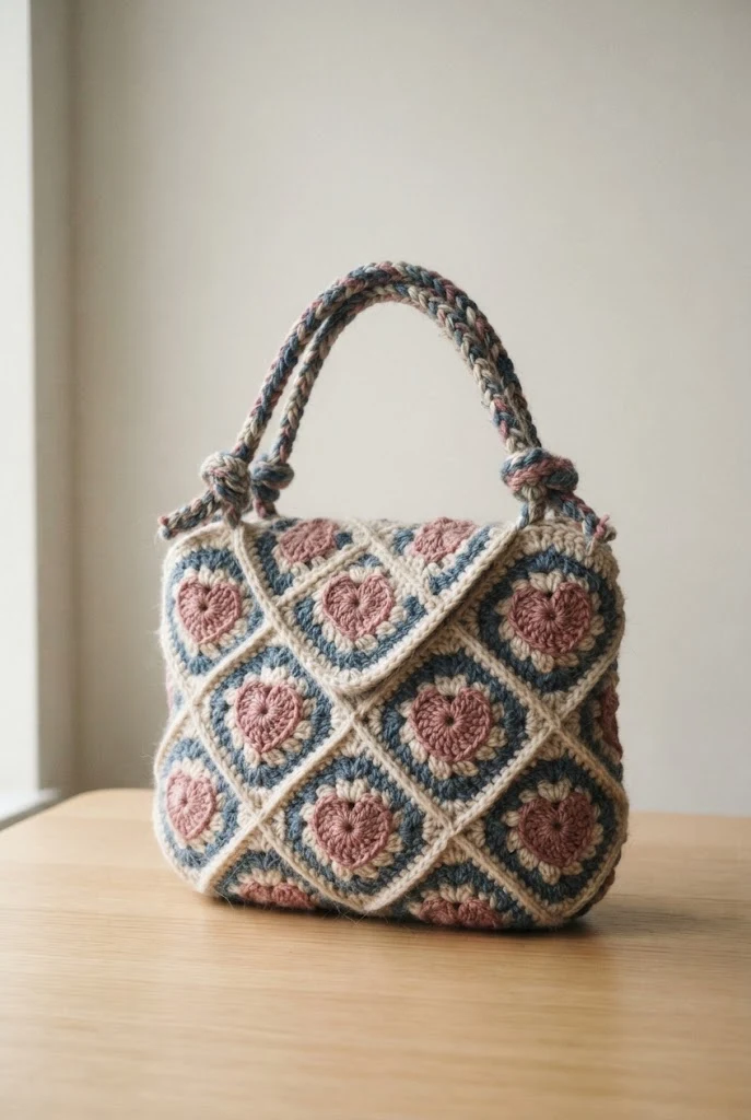 Heart-Motif Granny Square Handbag — coquette crochet bag style outfit