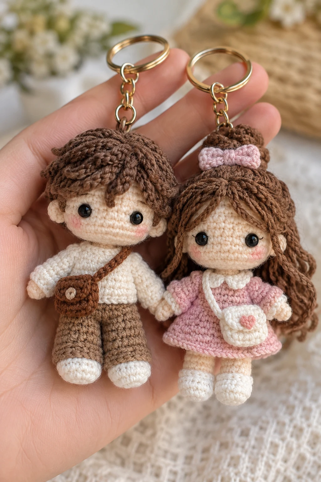 Crochet Mini Human Couple Keychains — couple crochet keychain style outfit