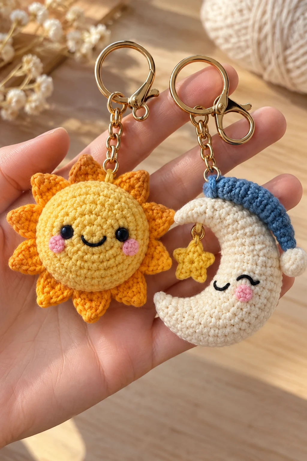 Matching Sun and Moon Keychains — couple crochet keychain style outfit